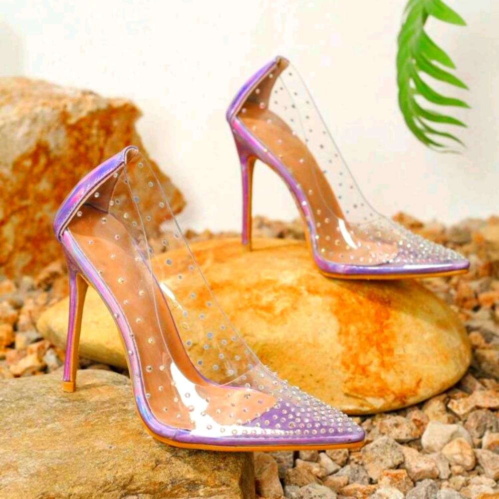 Rhinestone, Colorful Gems, Transparent Glass Jelly High Heels